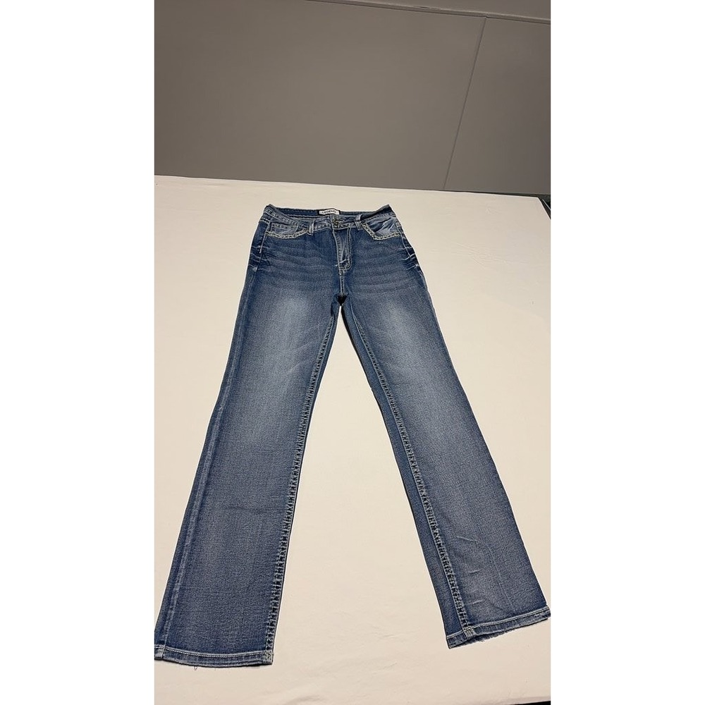 Legend Womens Straight Leg Blue Denim Jeans Mid Rise Embroidered Pockets Size 7